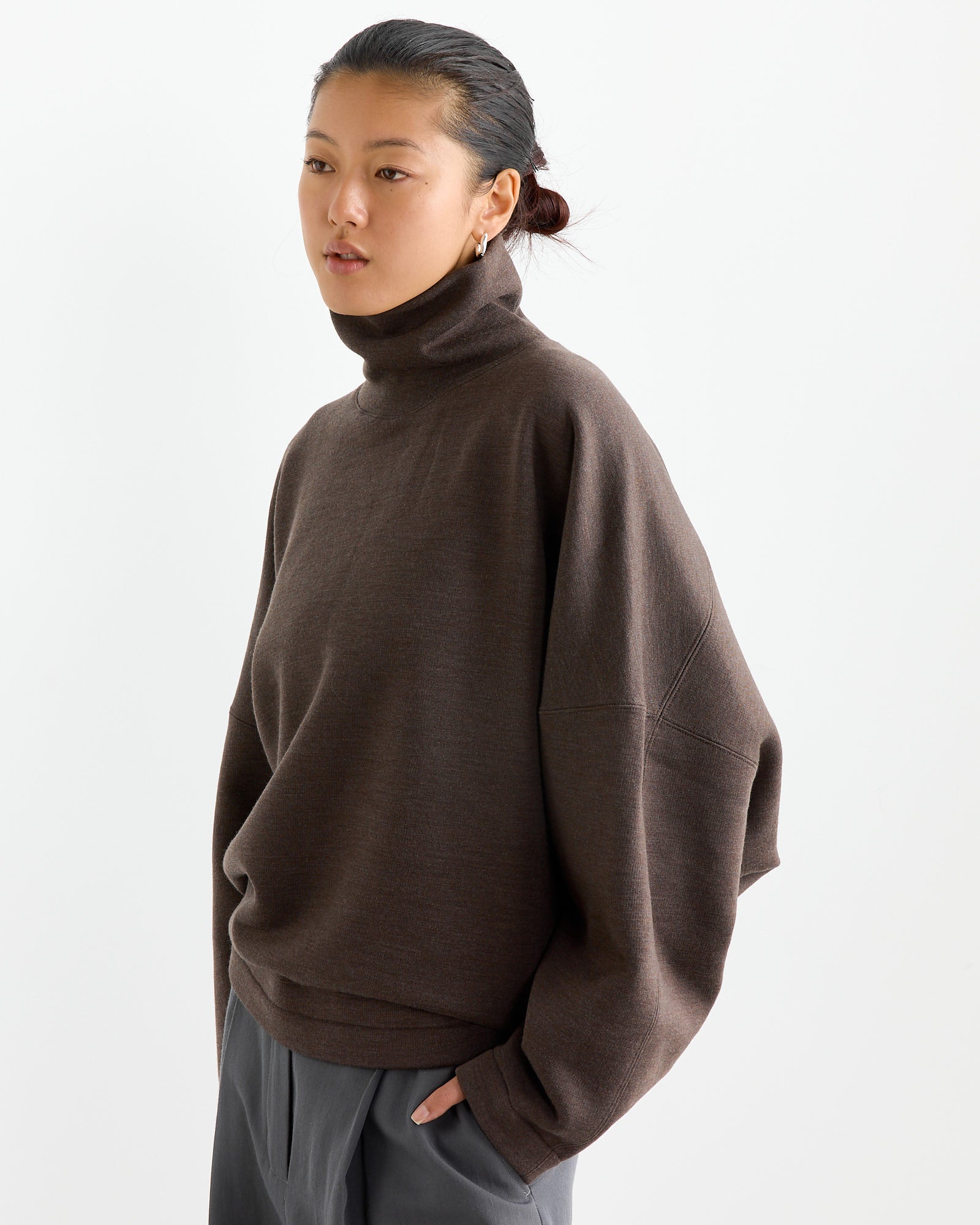 High Neck Sweatshirt in Dark Brown Melange