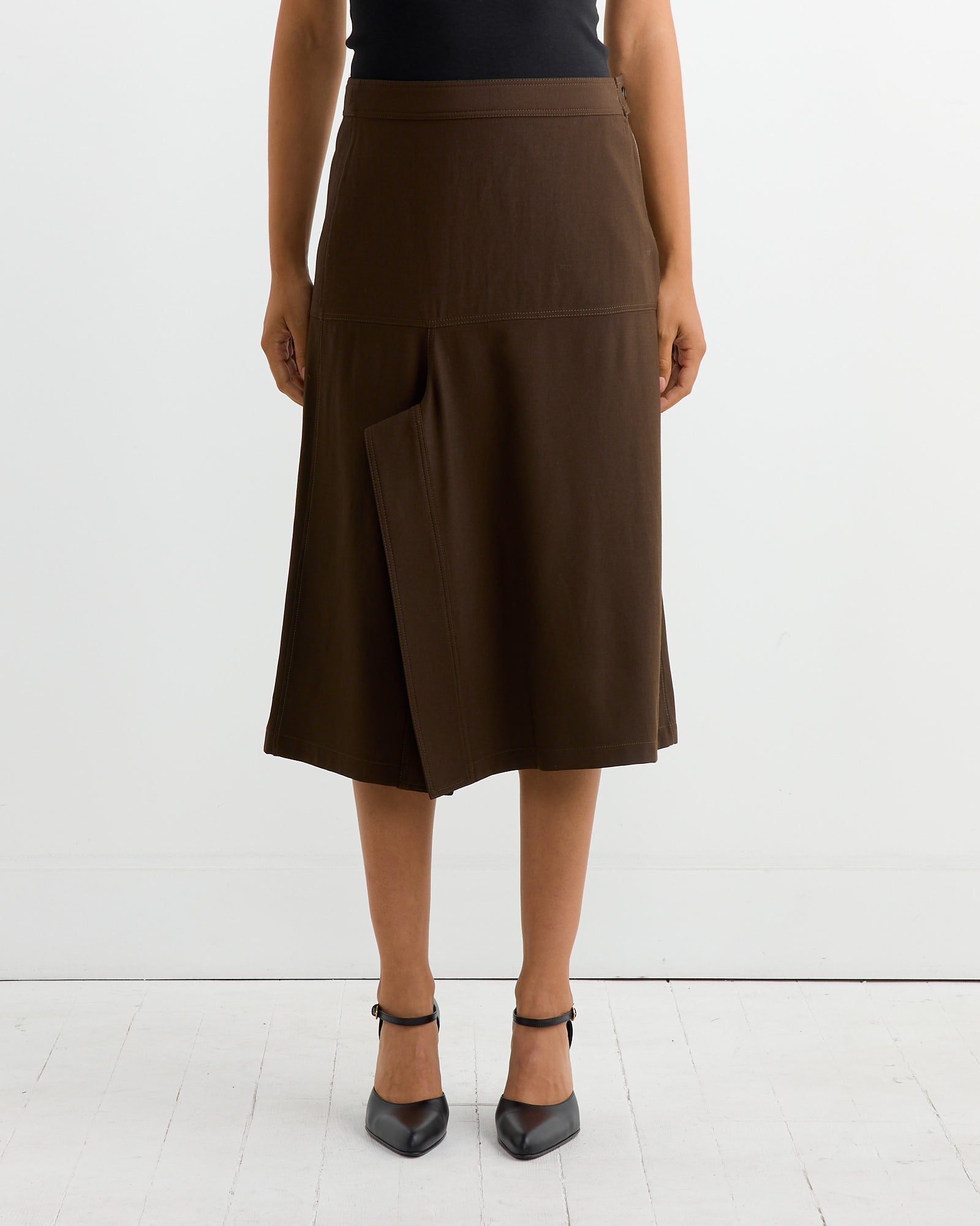 Asymmetrical Wrapover Skirt in Kobicha Brown