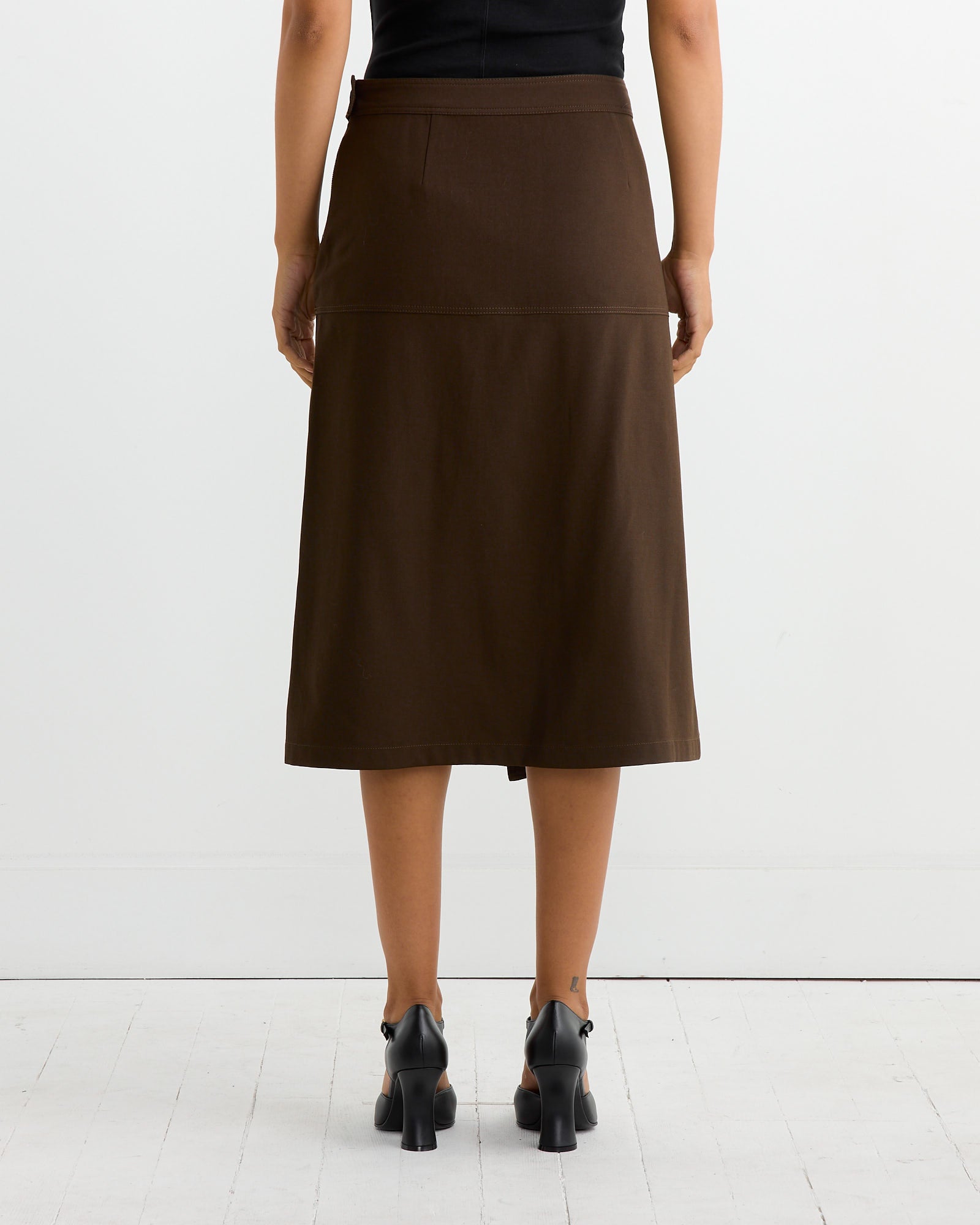 Asymmetrical Wrapover Skirt in Kobicha Brown