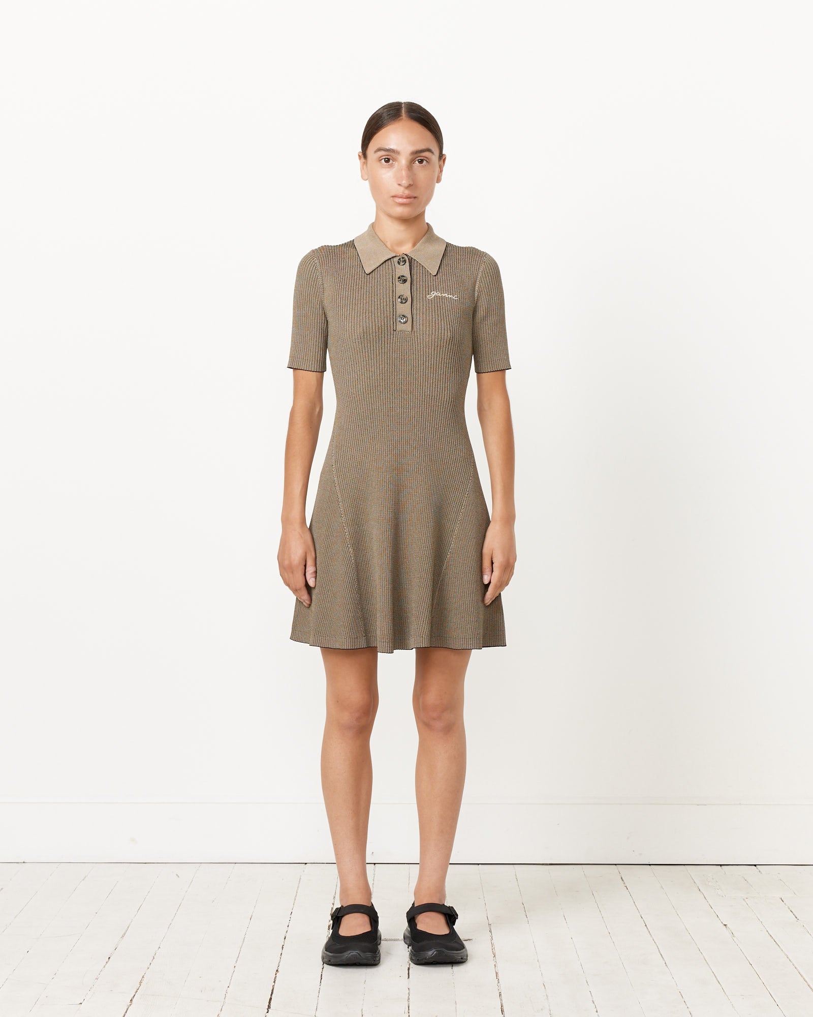 Ganni Melange Knit Mini Dress Safari - Safari / XS (263634)