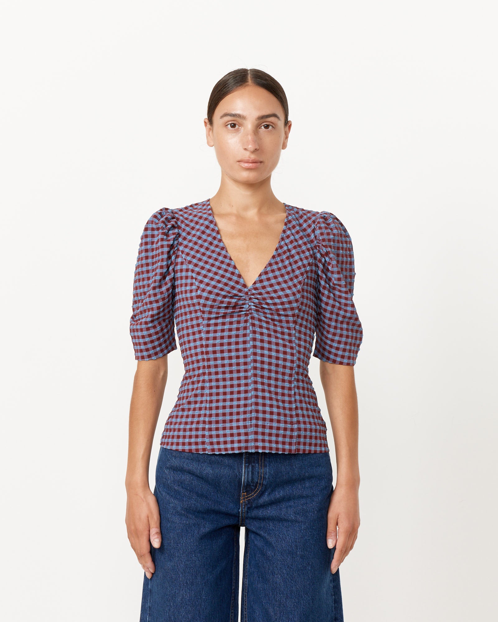 Ganni Seersucker V-Neck Blouse - Racing Red / 34 (263647)