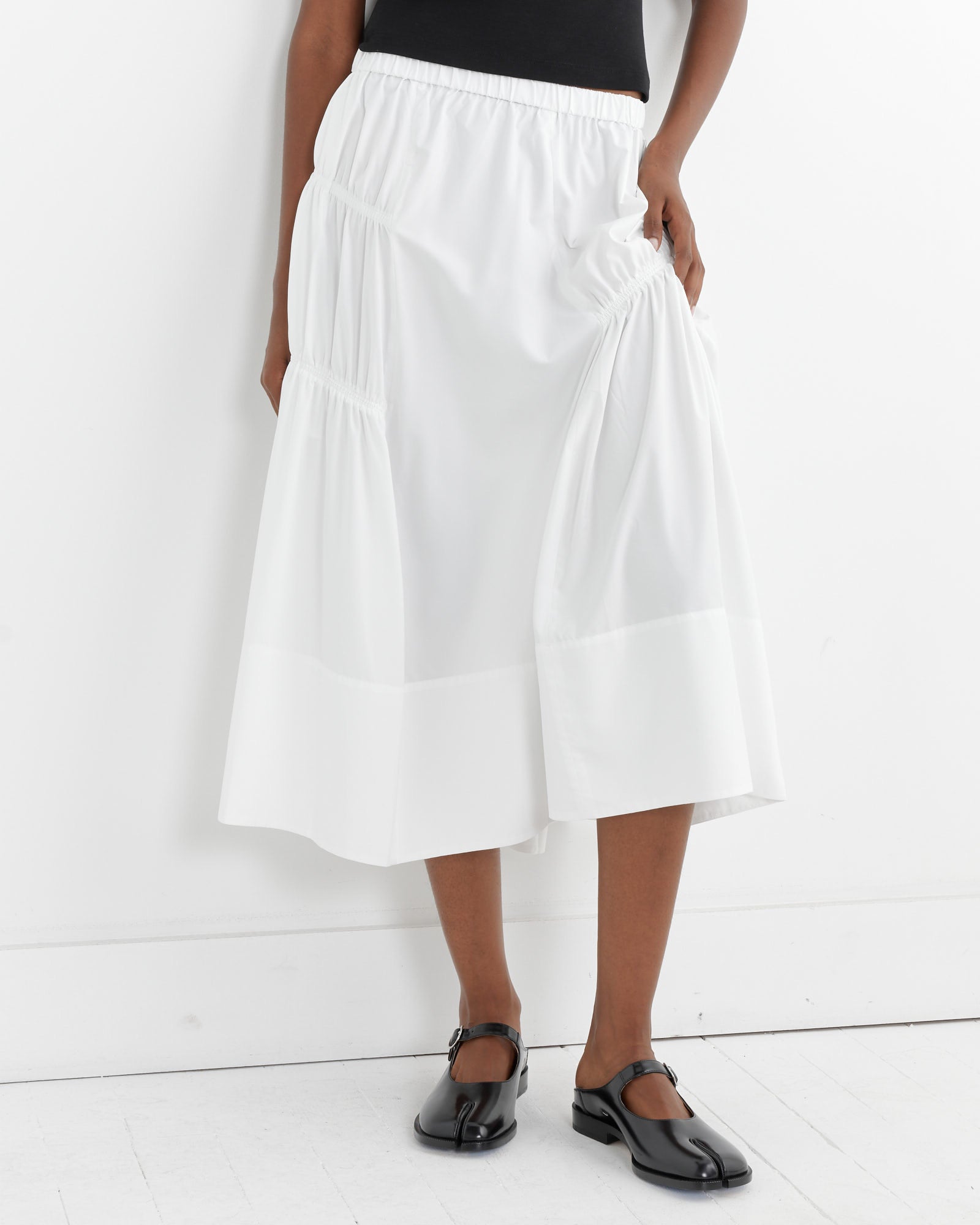 Shirred Nylon Paneled Skirt in White