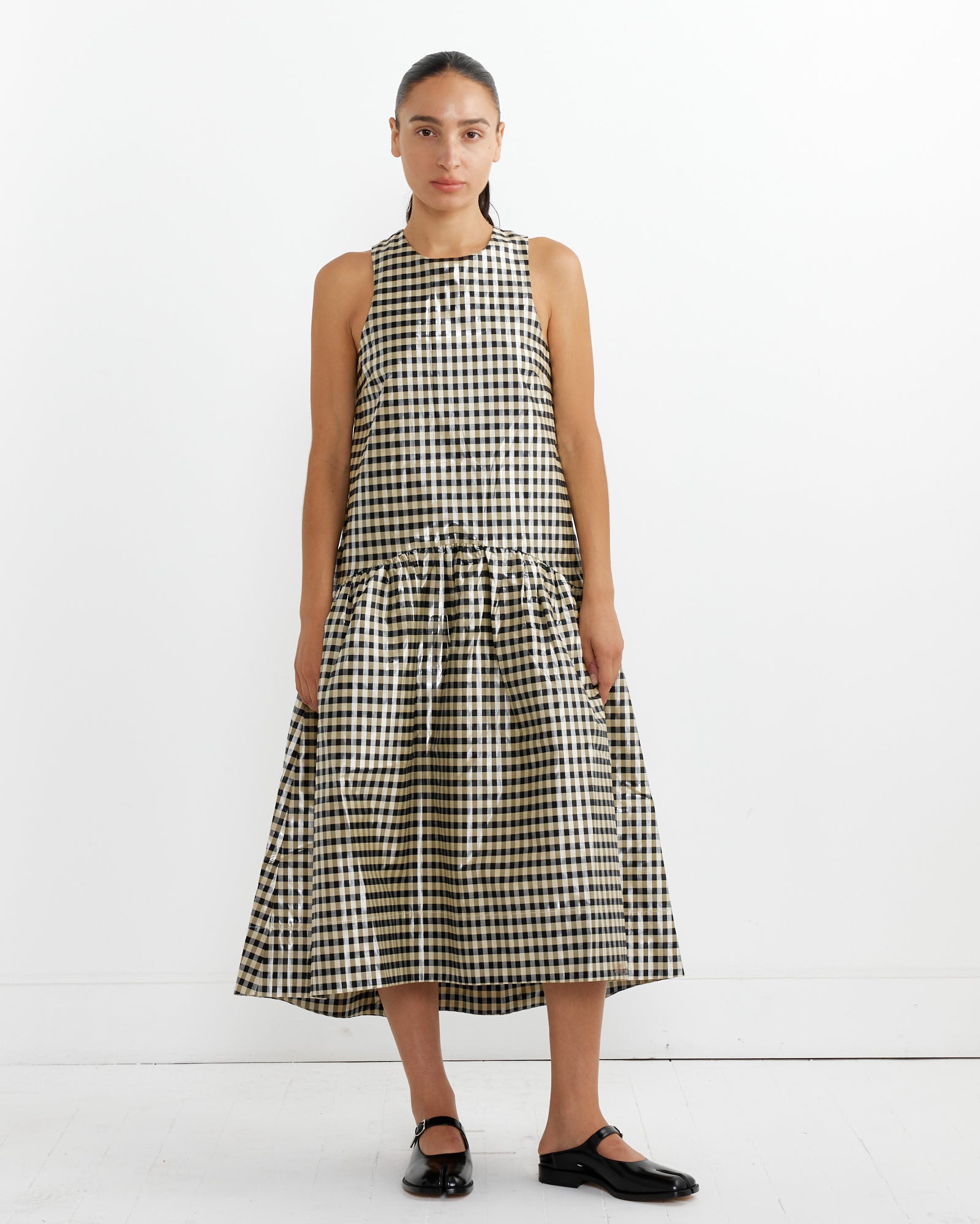 Shiny Check Midi Dress in Lemon Icing