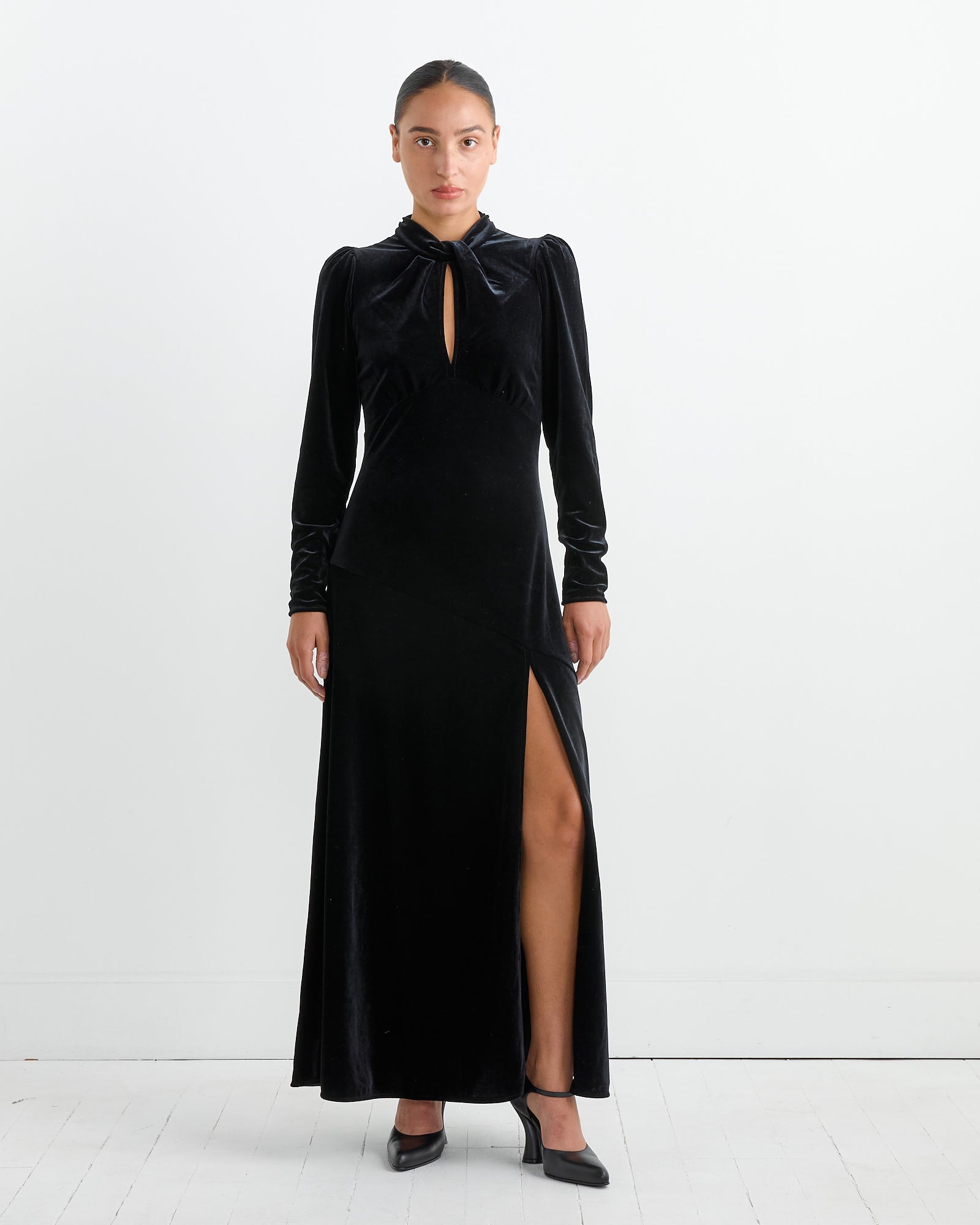 Ganni Velvet Gathered Long Dress Black - Black / 36 (263958)