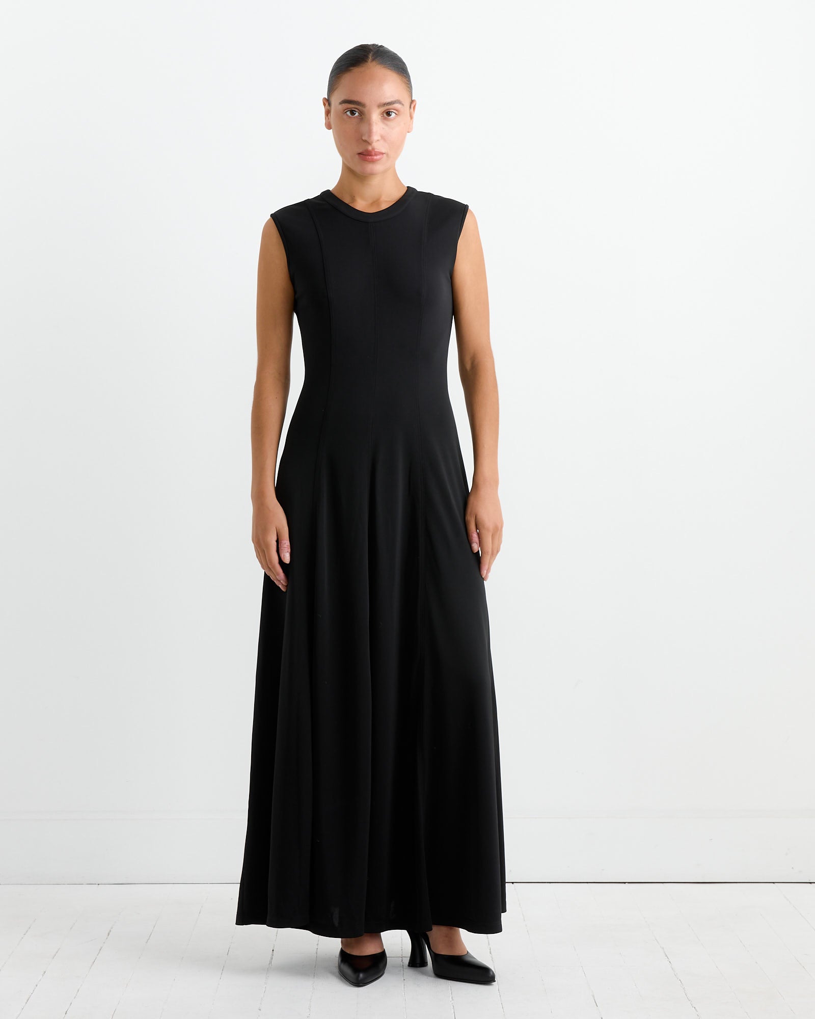 Seamed Flared Maxi Dress in Black