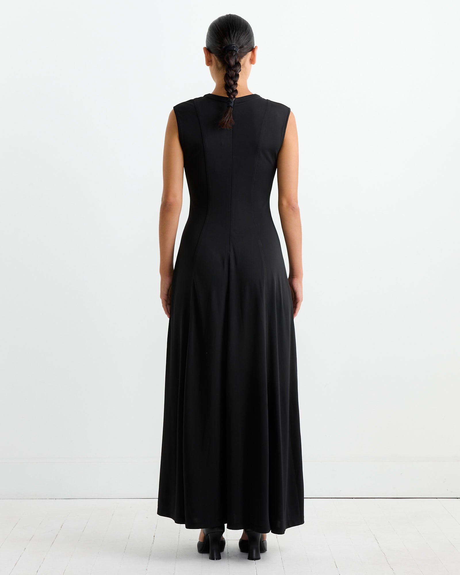 Seamed Flared Maxi Dress in Black