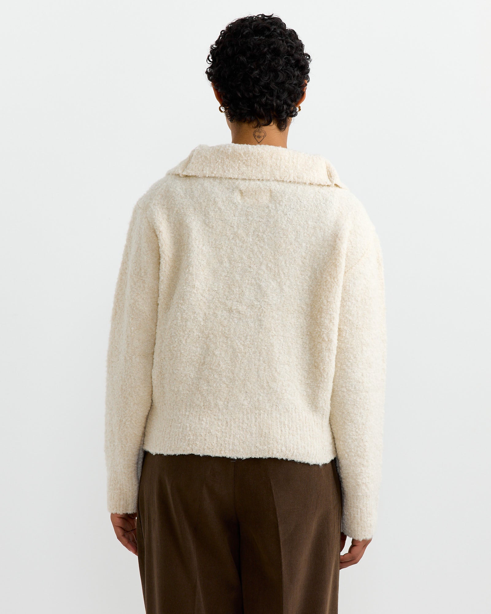 Spread Collar Boucle Cardigan in Cream