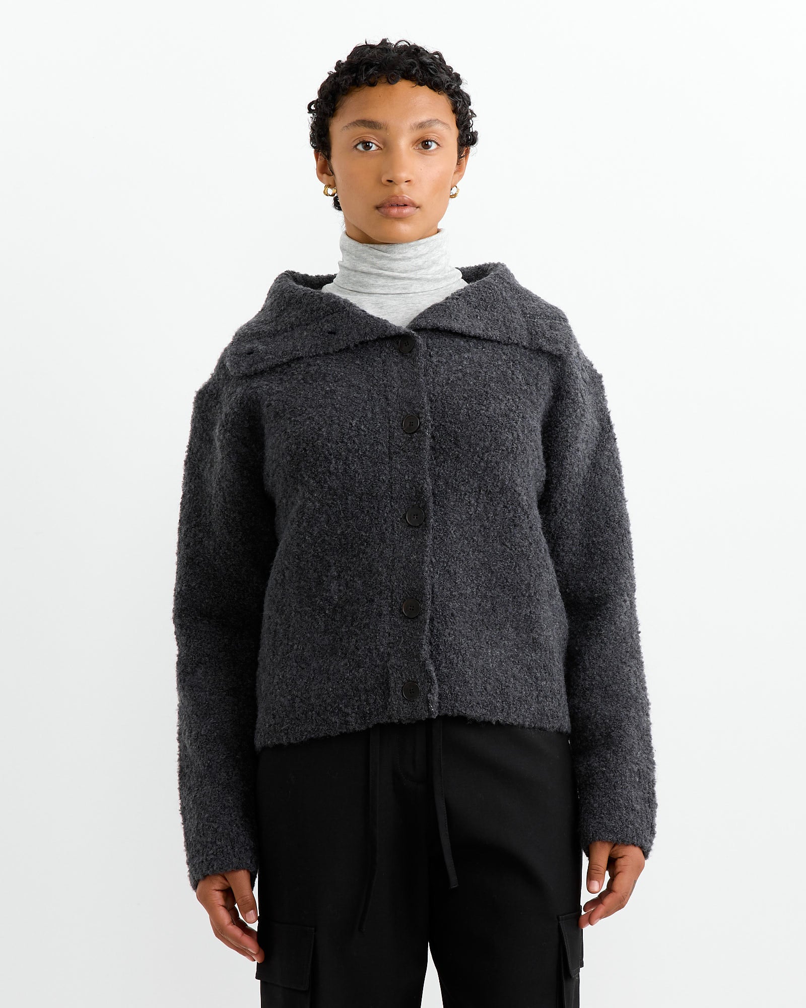 Mijeong Park Spread Collar Boucle Cardigan Charcoal - Charcoal / XS/S (264264)