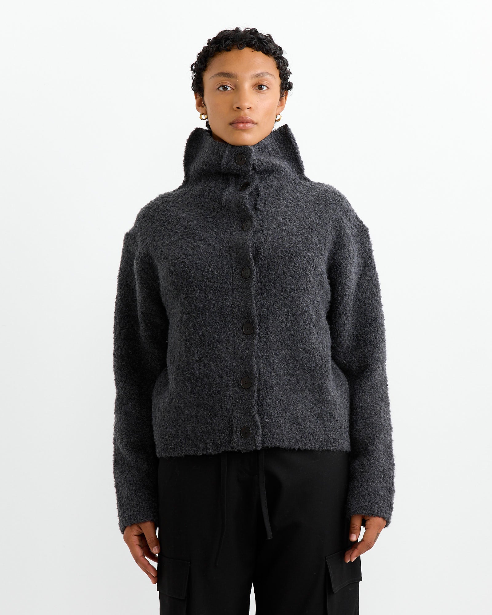 Mijeong Park Spread Collar Boucle Cardigan Charcoal - Charcoal / XS/S (264264)