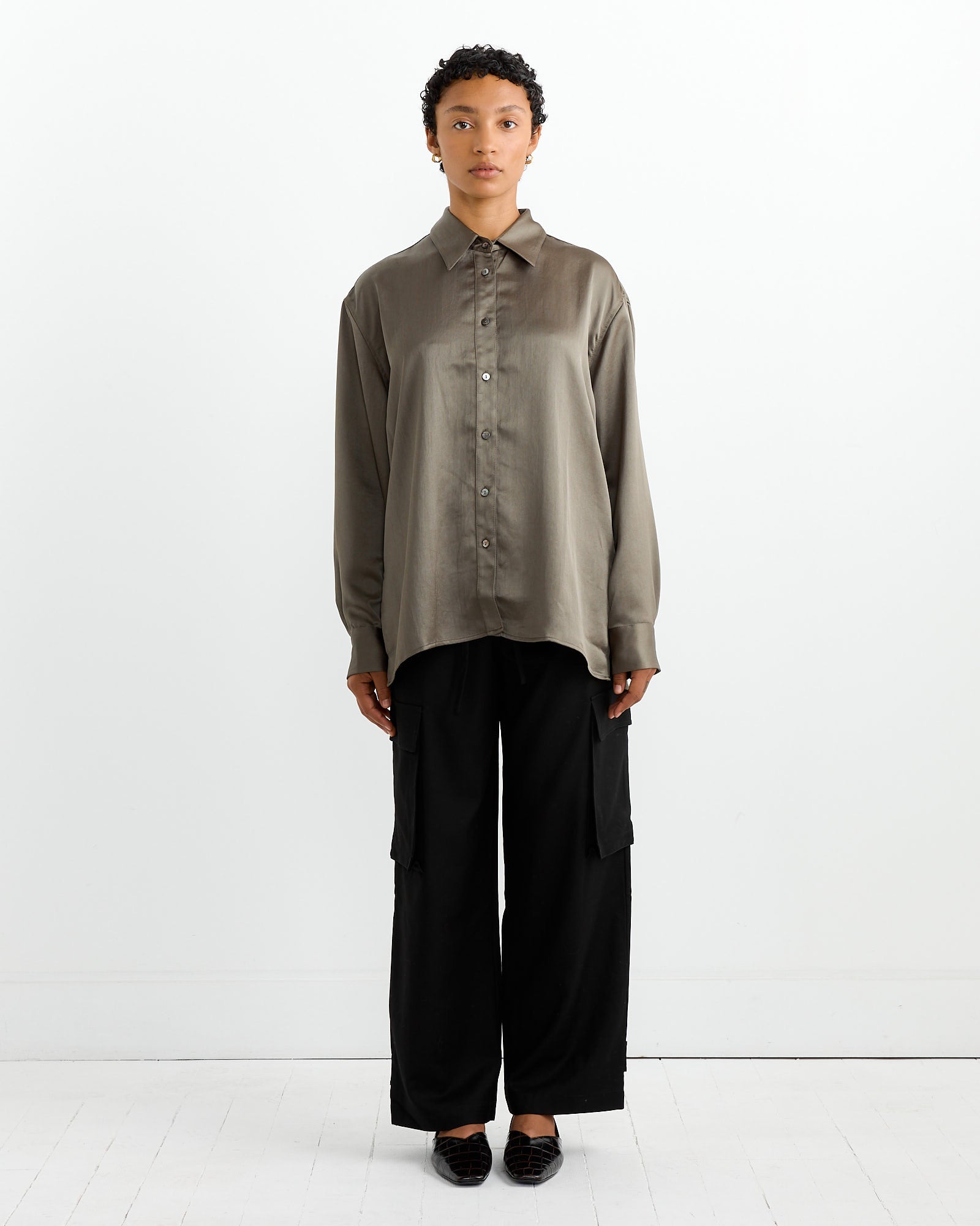 Mijeong Park Oversized Satin Shirt Olive - Olive / S (264285)