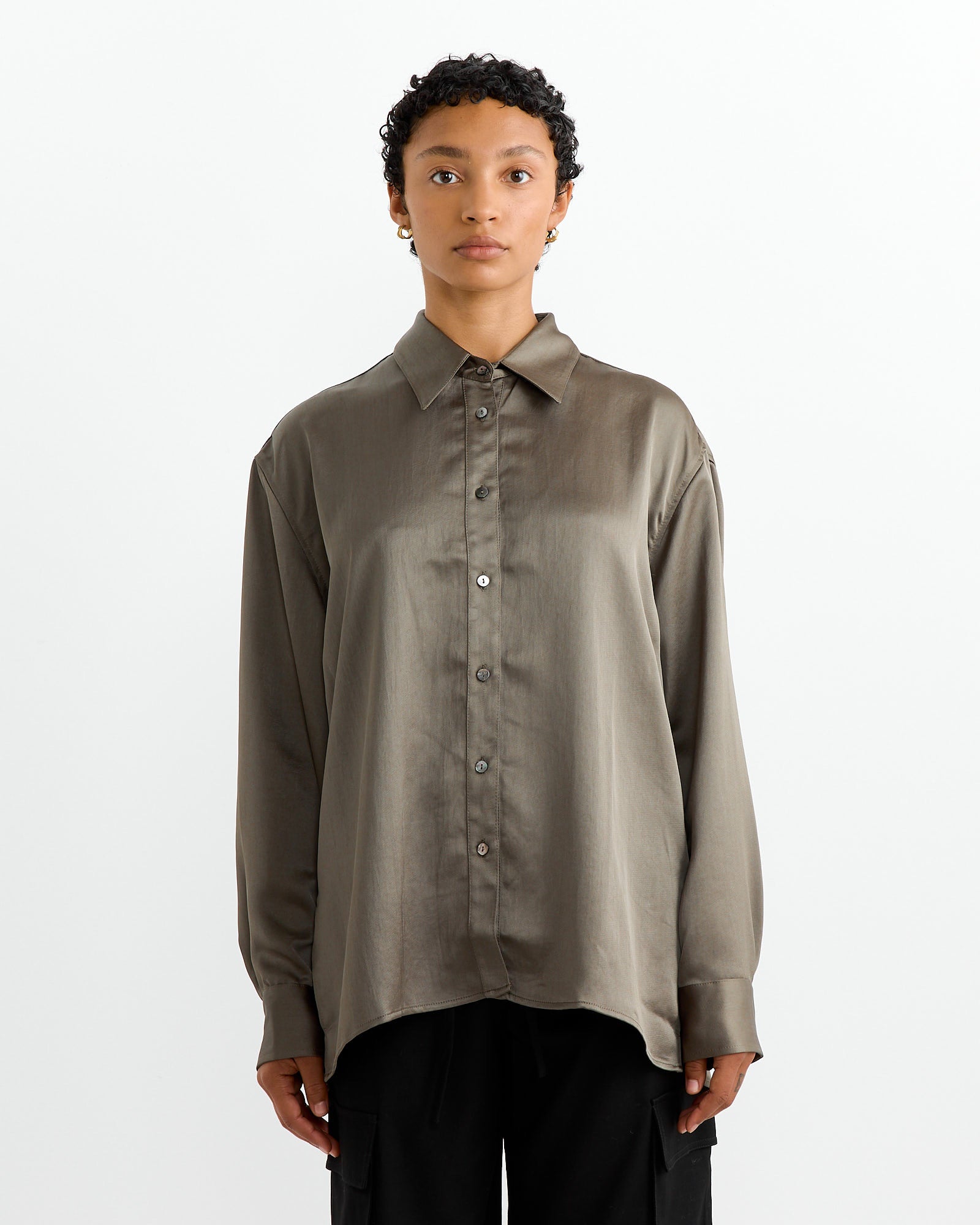 Oversized Satin Shirt in Olive