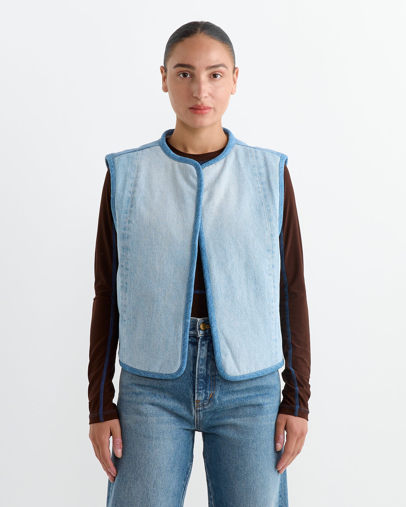 Reversible Rework Denim Sherpa Vest in Oatmeal