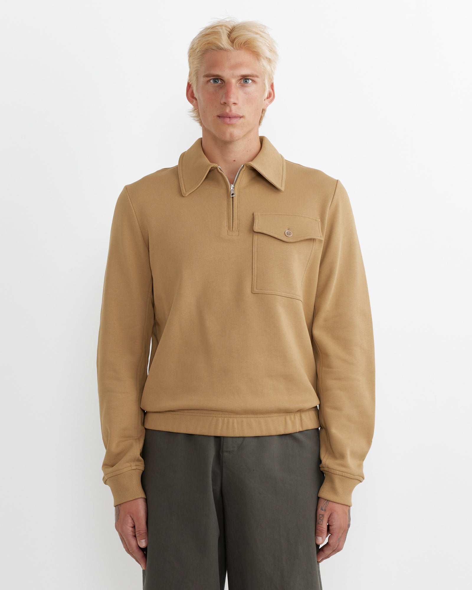 Quarter-Zip Polo Sweater in Beige