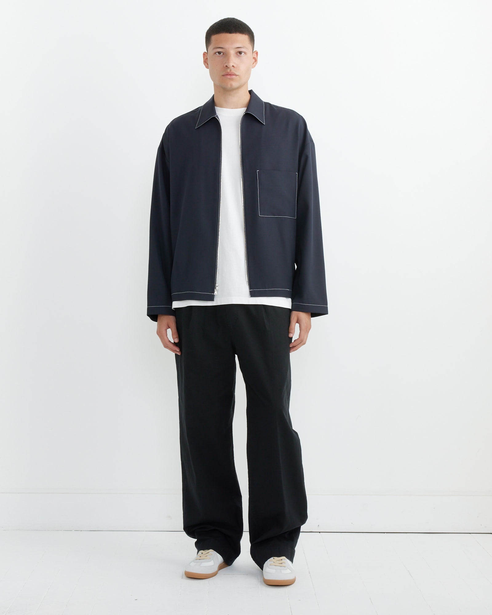 Contrast Stitch Enzo Shirt Tropical Wool in Midnight