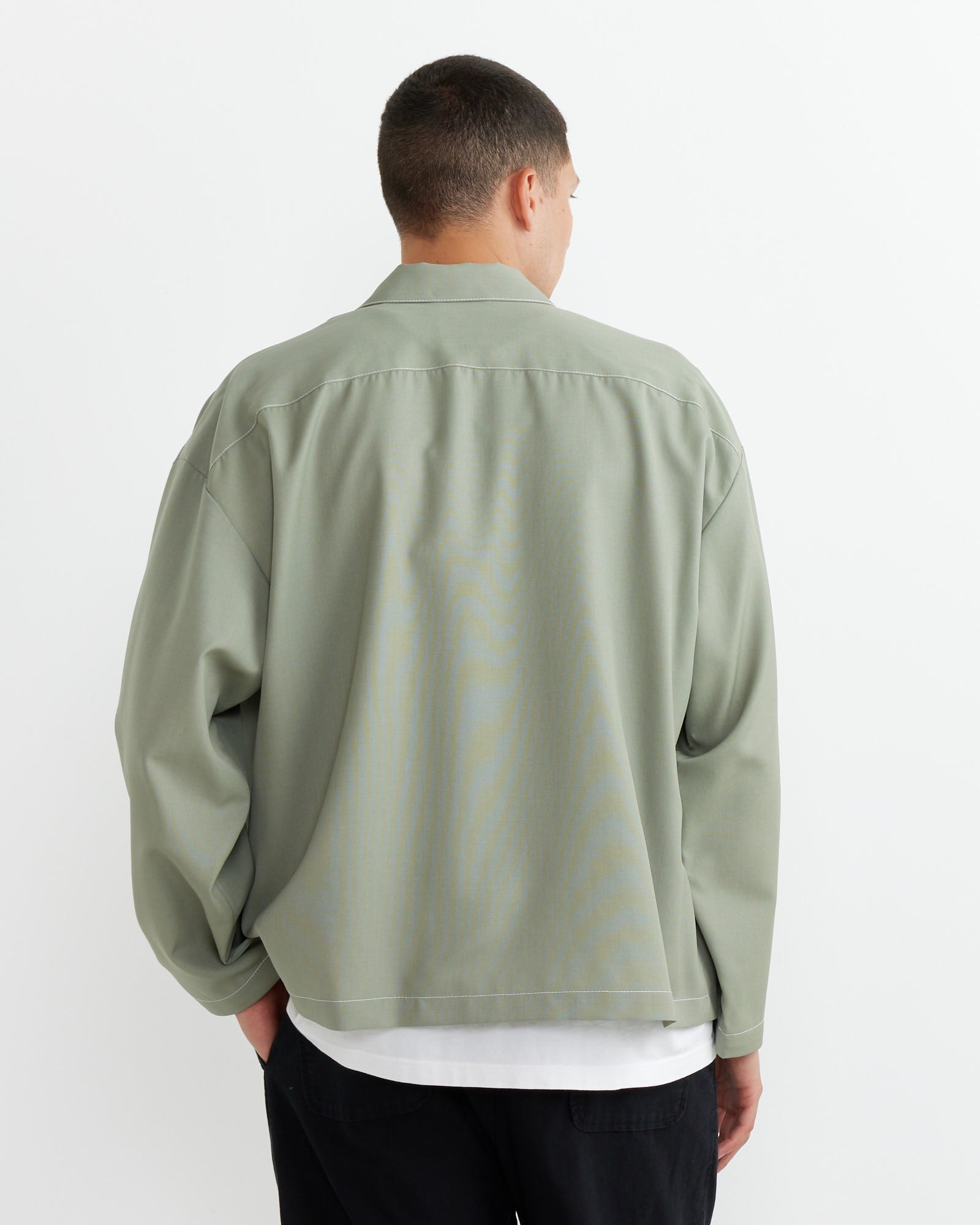 Contrast Stitch Enzo Shirt Tropical Wool in Sage