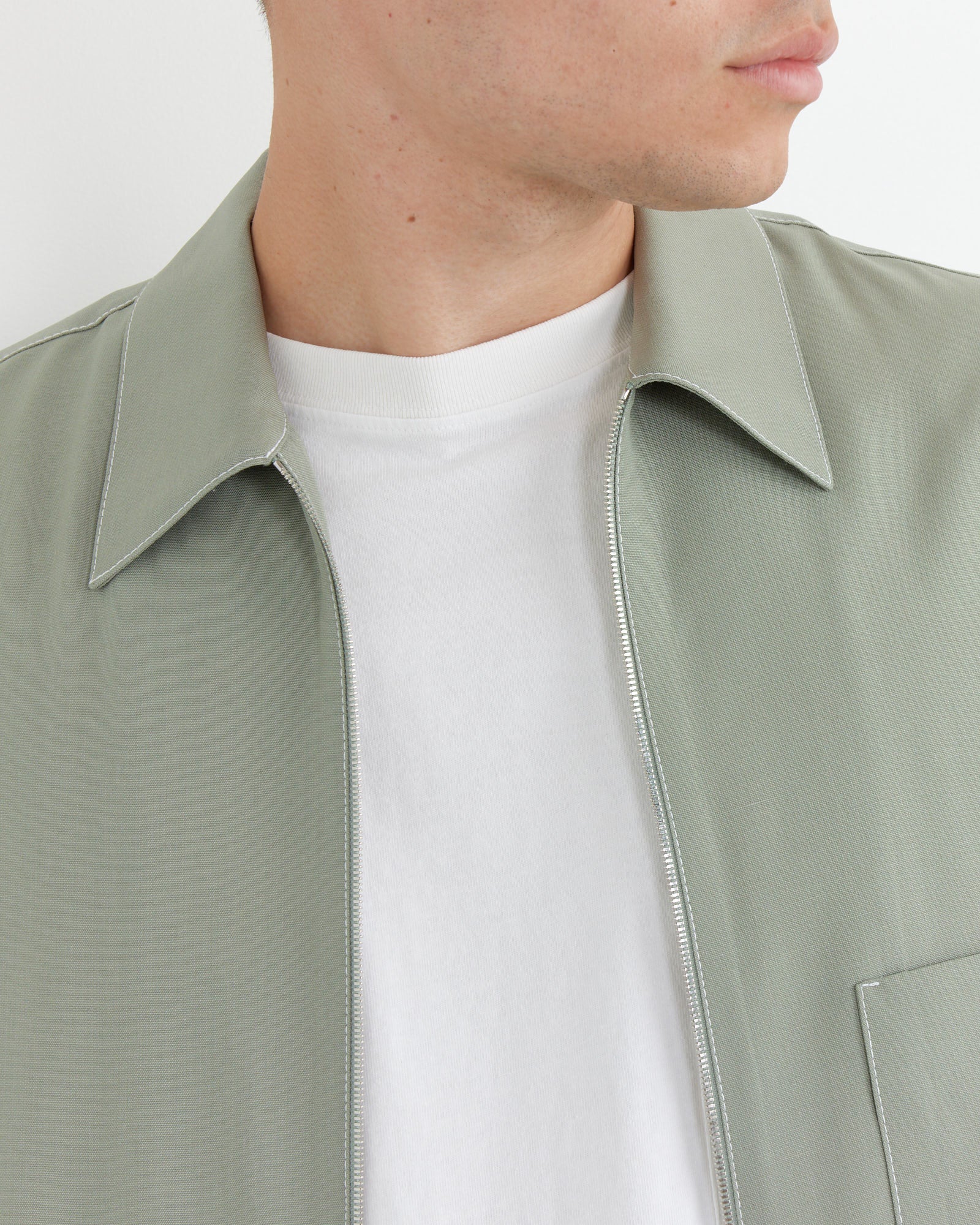 Contrast Stitch Enzo Shirt Tropical Wool in Sage