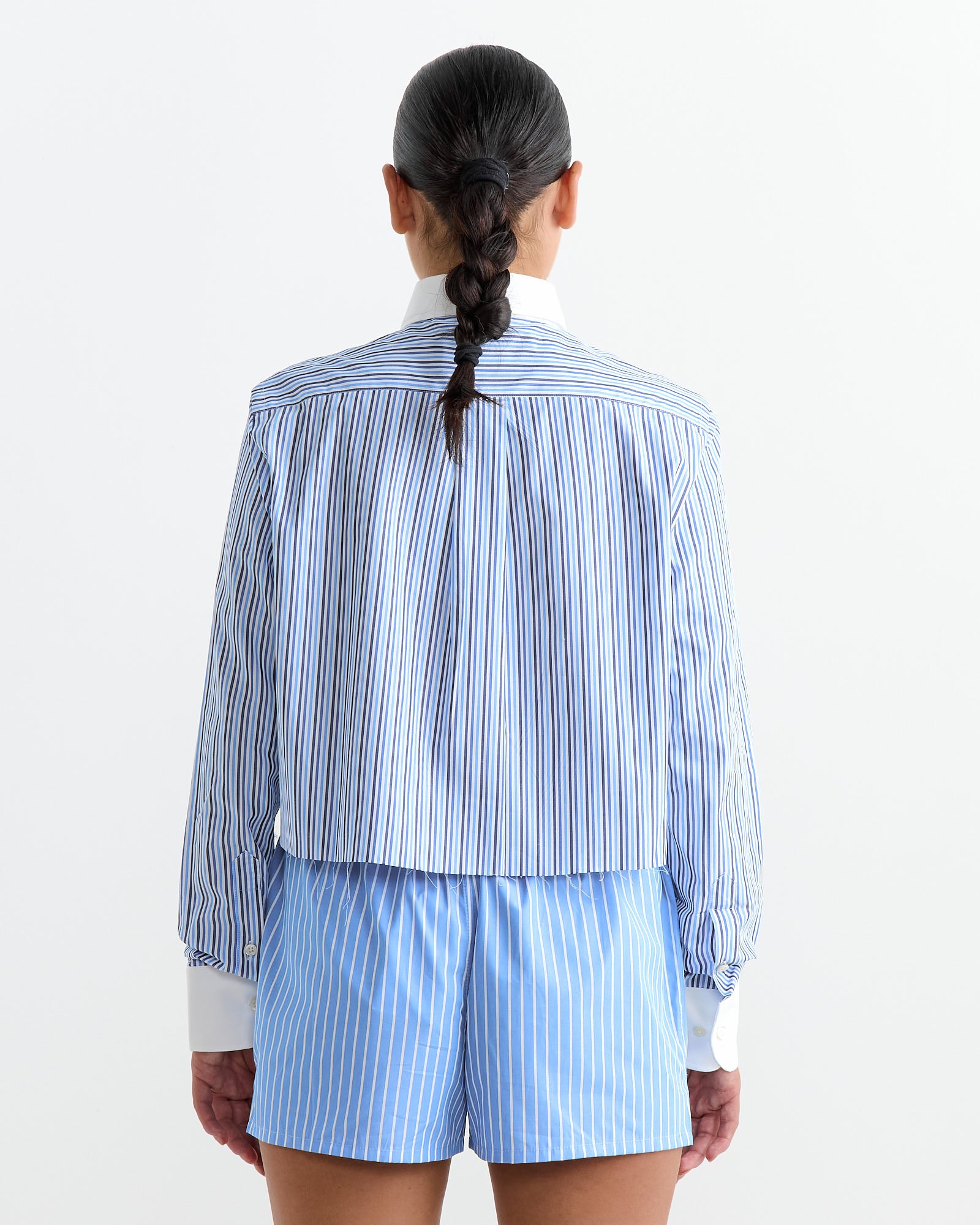 Cropped Contrast Collar Shirt in Multi Blue Stripe