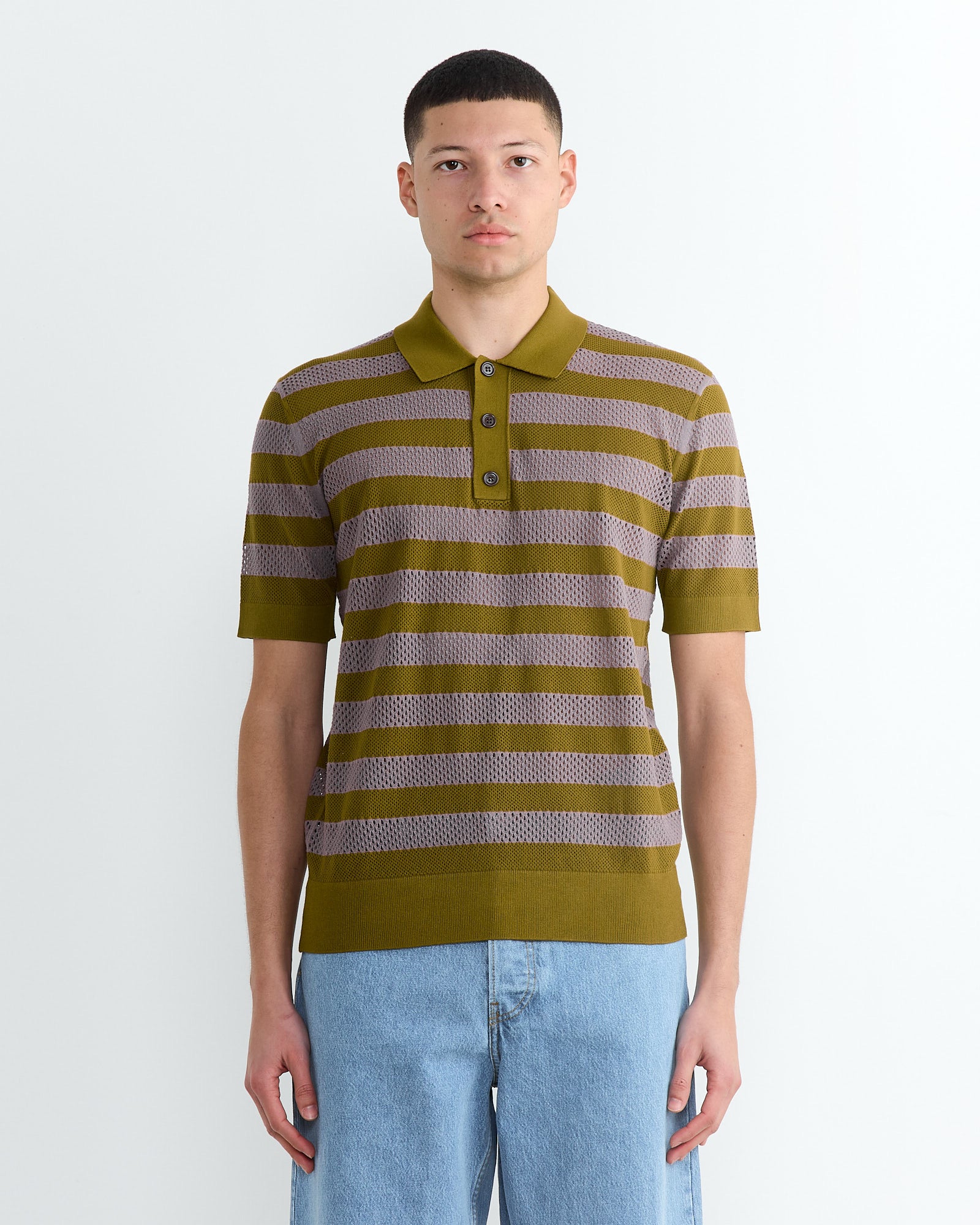 Dries Van Noten Mercy Stripe 1701 Polo Olive - Olive / L (267019)