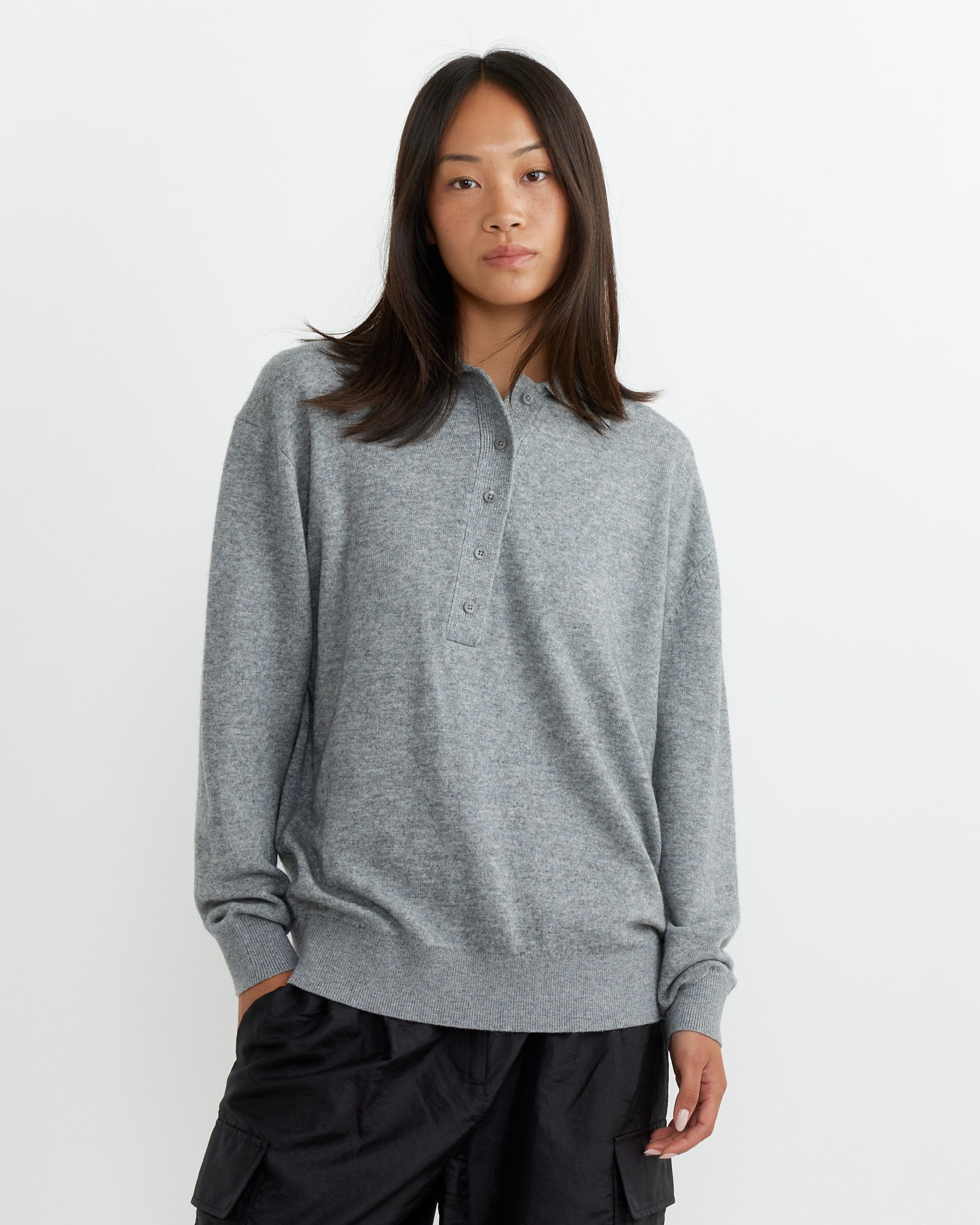 Washable Cashmere Polo Sweater in Heather Grey