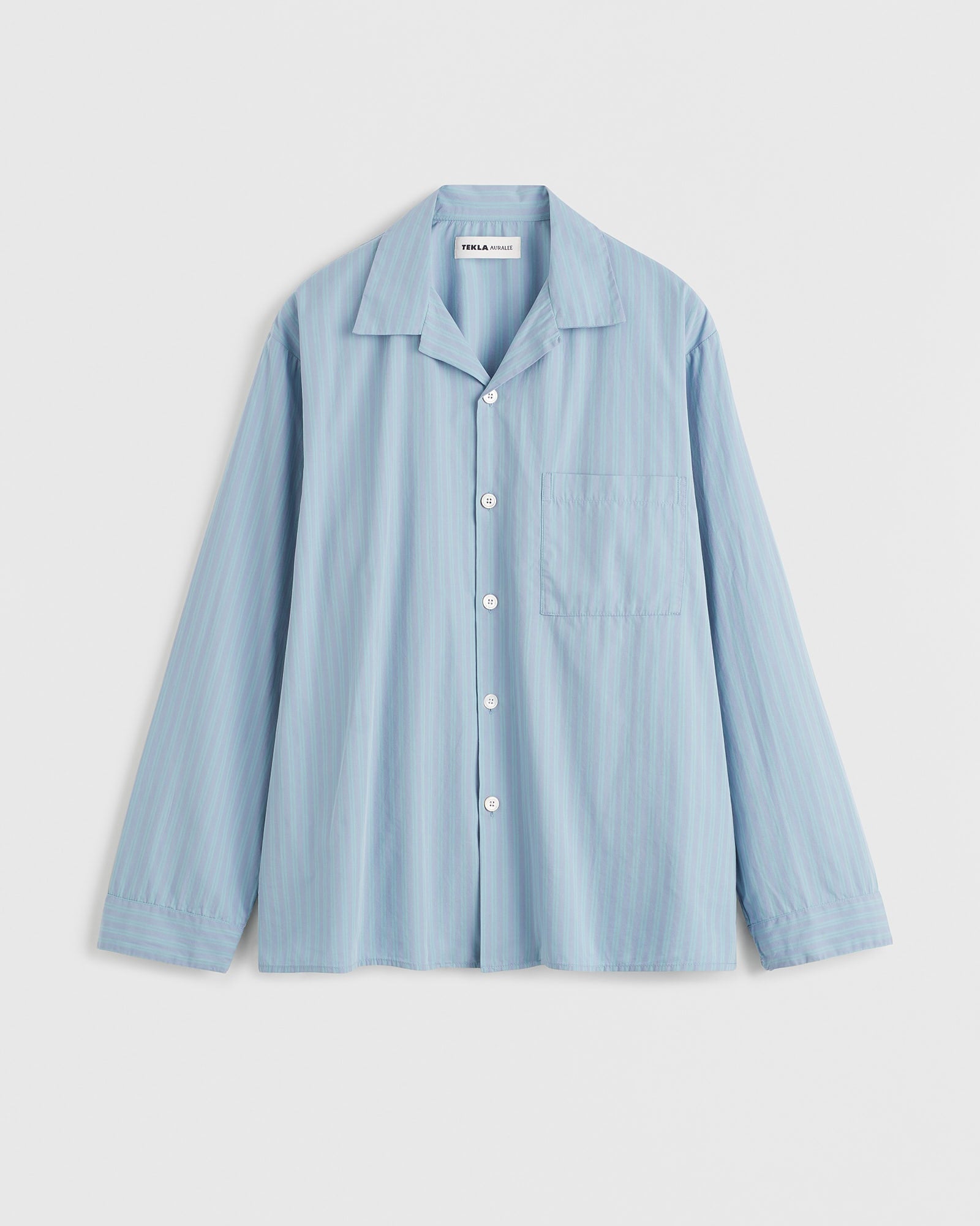 Cotton Poplin Pyjamas Shirt in Mist Stripes